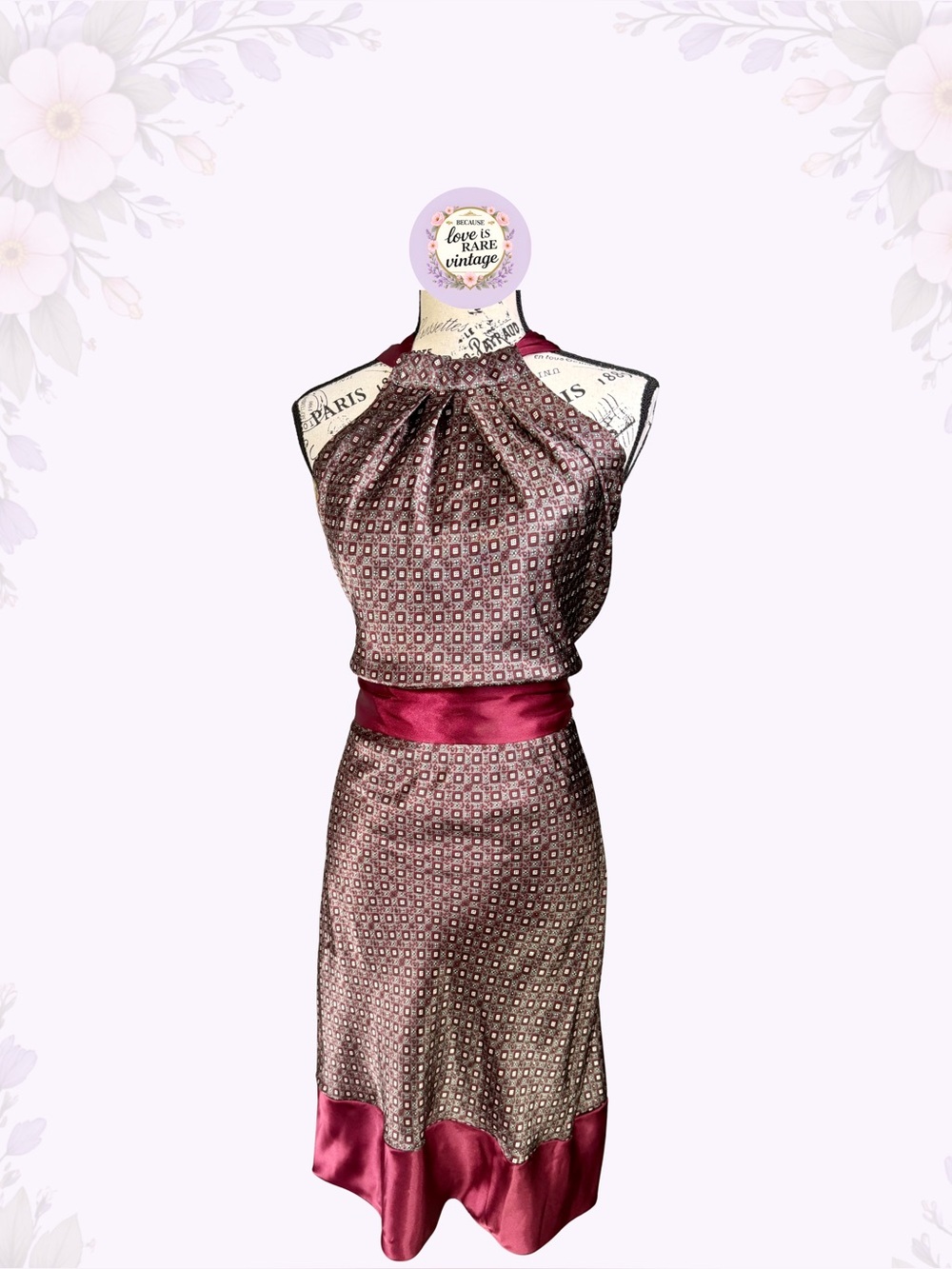 Y2K Satin Halter Tie Midi Dress • 2000s Mod Scarf Neck Dress • Geometric Print